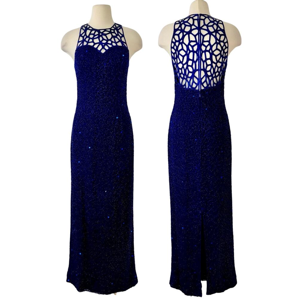 Scala Beaded Silk Evening Gown with Cutout Neckline Maxi Dress Blue L